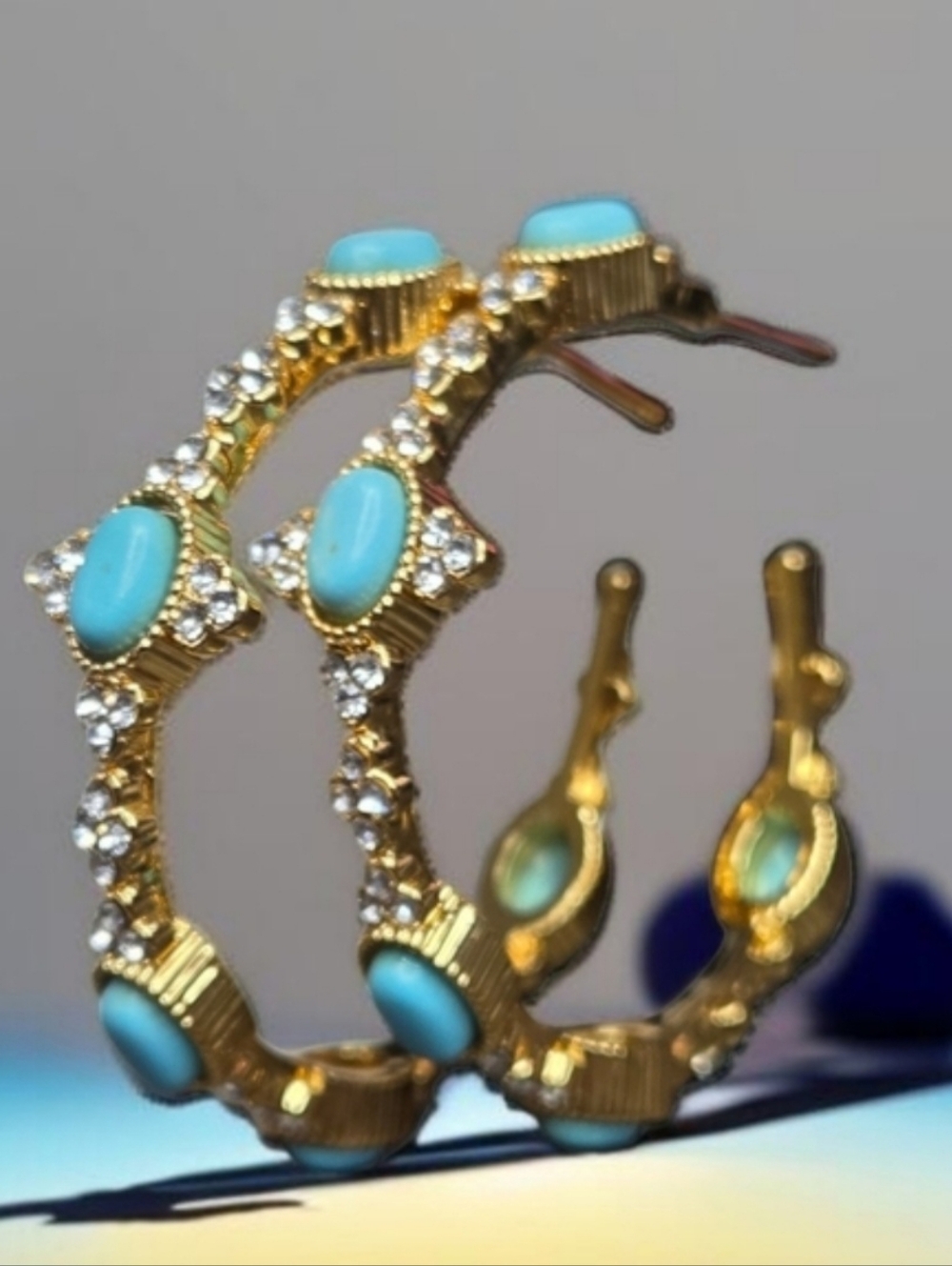 18k Gold Plated Maltese Cross Turquoise Jeweled Crystal Hoop Earrings